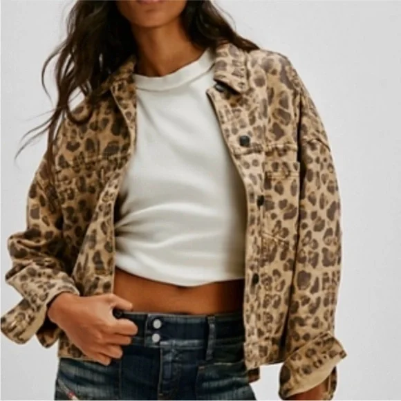 Free People Leopard Print Jean Jacket in Brown and Black - Picture 9 of 13